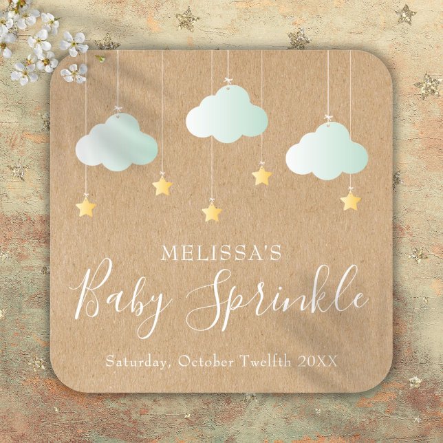 Sticker Carré Baby shower rustique Kraft Twinkle Sprinkle (Rustic Kraft Twinkle Sprinkle Baby Shower Square Sticker)