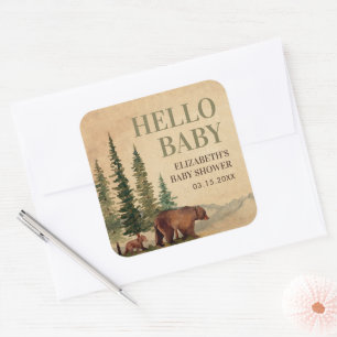 Sticker Carré Baby shower rustique Mama & Bébé Ours