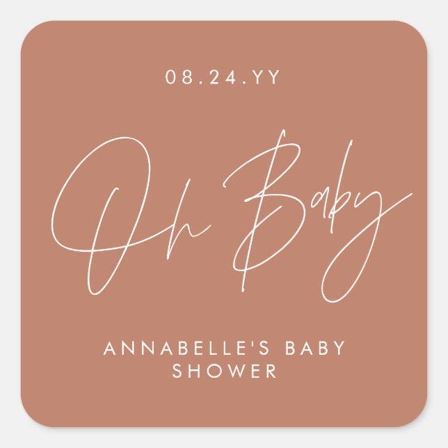 Sticker Carré Baby shower script moderne terre cuite élégante (Devant)