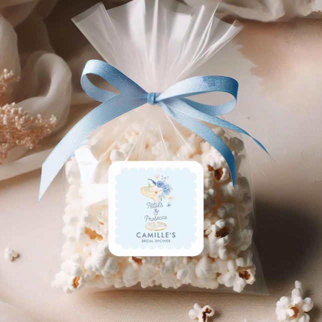 Sticker Carré Baby Shower Thématique Pétale Bleu et Prosecco (Square Blue Petals and prosecco favor sticker)