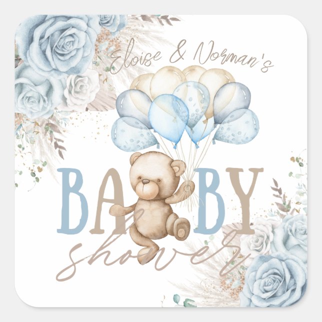 Sticker Carré Baby Shower Thème Garçon Ourson Pampas Floral Bleu (Devant)