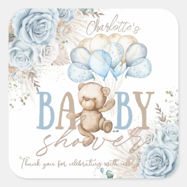 Sticker Carré Baby Shower Thème Garçon Ourson Pampas Floral Bleu (Devant)