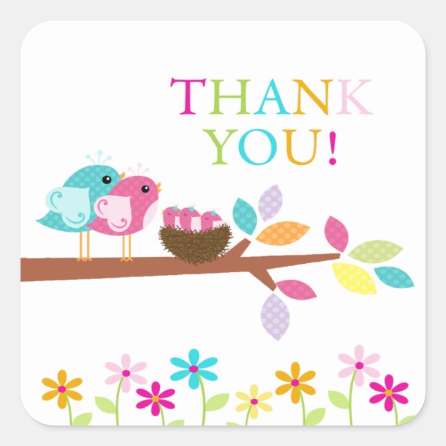 Sticker Carré Baby shower Triplets de Merci de nids mignons (Devant)