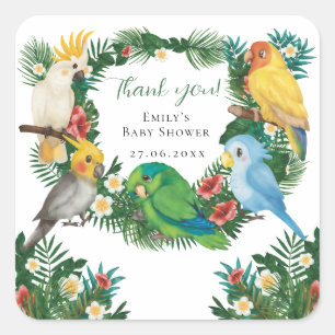 Sticker Carré Baby shower Tropical Exotique pour bébés perroquet