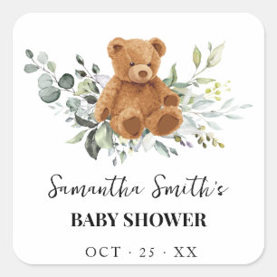 Sticker Carré Baby shower vert Eucalyptus Ours