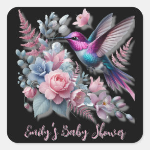 Sticker Carré Baby shower Vibrant De Colibri Et De Fleurs Roses