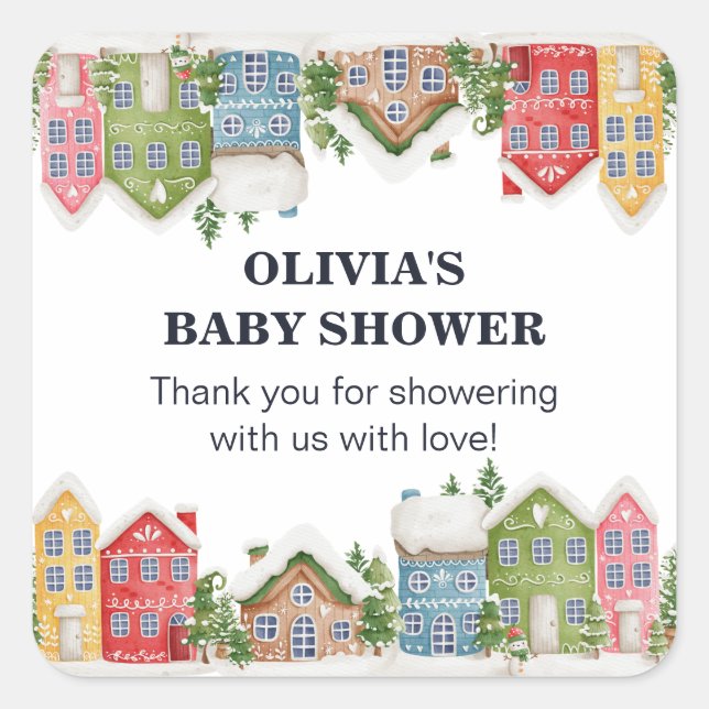 Sticker Carré Baby shower Village enneigé hivernal (Devant)