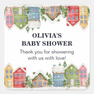 Sticker Carré Baby shower Village enneigé hivernal