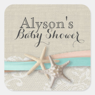 Sticker Carré Baby shower Vintage Starfish et Ribbon