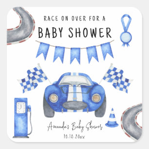 Sticker Carré Baby Shower Voiture de Course Bleue Aquarelle 