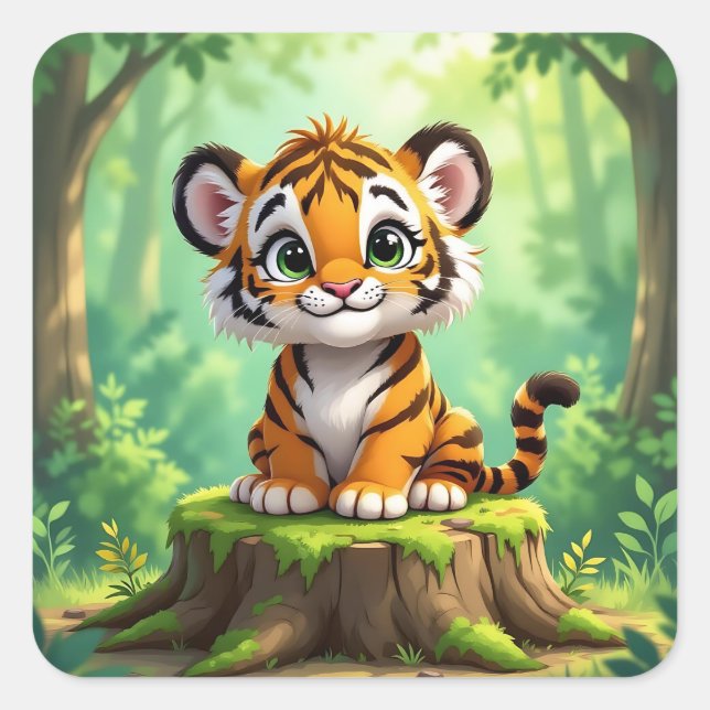 Sticker Carré Baby Tiger | Cute Cartoon Kid's Nursery Art (Devant)
