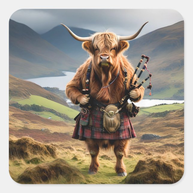 Sticker Carré Bagpiper de vache écossaise Highland (Devant)