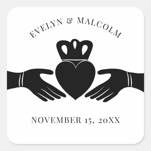 Sticker Carré Bague de Claddagh irlandais Simple Mariage noir et (Devant)