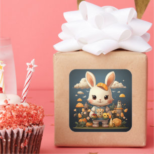 Sticker Carré Baguette de lapin mignonne