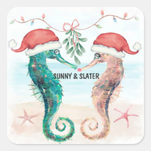 Sticker Carré Baiser d'Hippocampe Plage Noël Fête de Couple