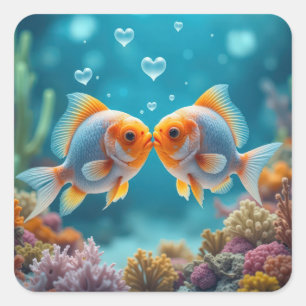 Sticker Carré Baiser du poisson avec des bulles cardiaques