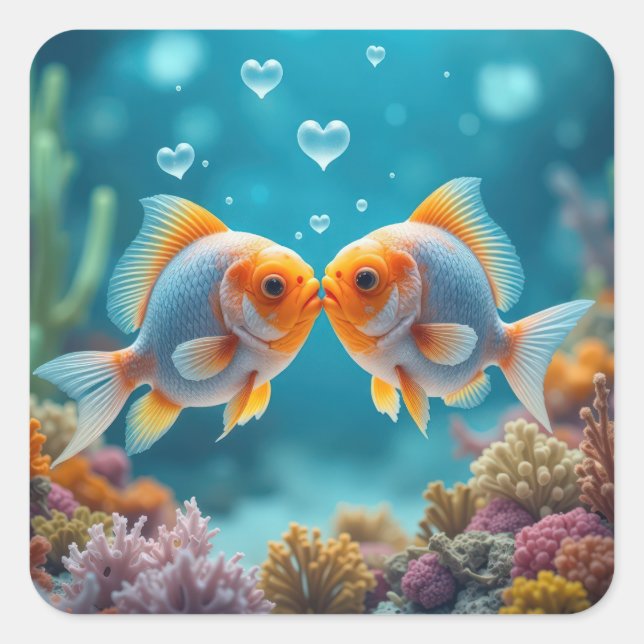 Sticker Carré Baiser du poisson avec des bulles cardiaques (Devant)