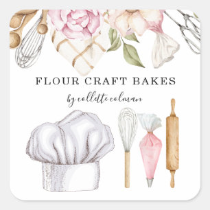 Sticker Carré Baker Pâtisserie Chef Aquarelle Outils de cuisson