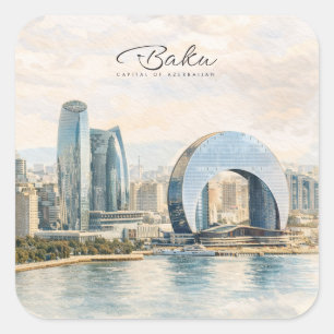 Sticker Carré Baku Azerbaïdjan Capitale Aquarelle Cadeau de Voya