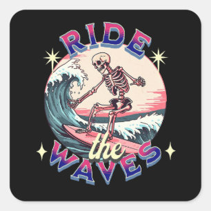 Sticker Carré Balade sur les vagues squelettes surf