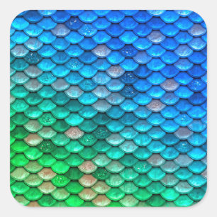 Sticker Carré Balances de poissons de sirène bleu Iridescente Gr