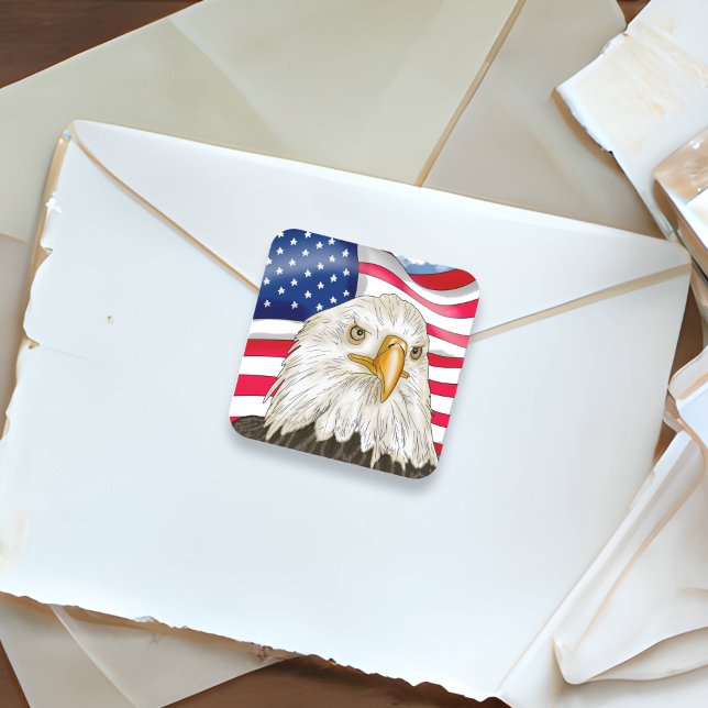 Sticker Carré Bald Eagle devant le drapeau américain Art patriot (Créateur téléchargé)