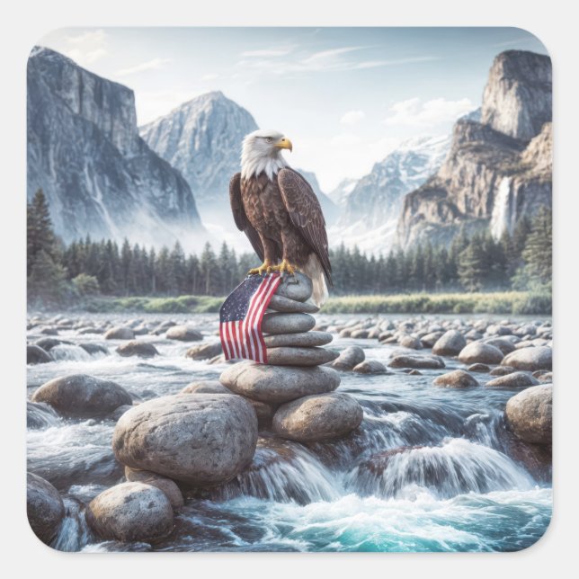 Sticker Carré Bald Eagle et le drapeau américain au Caire (Devant)