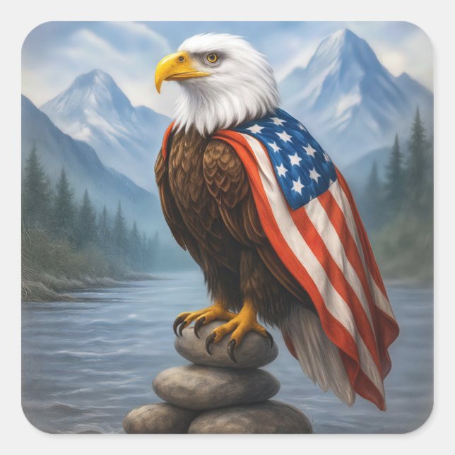 Sticker Carré Bald Eagle portant un drapeau américain Cape (Devant)