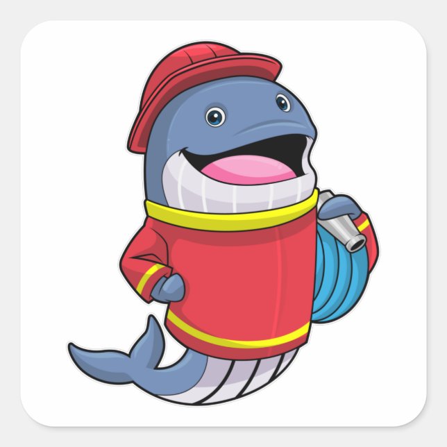 Sticker Carré Baleine comme pompier avec tuyau (Devant)