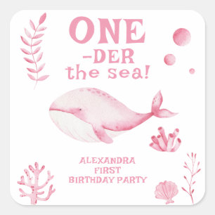 Sticker Carré Baleine Rose Oneder la mer 1er anniversaire 