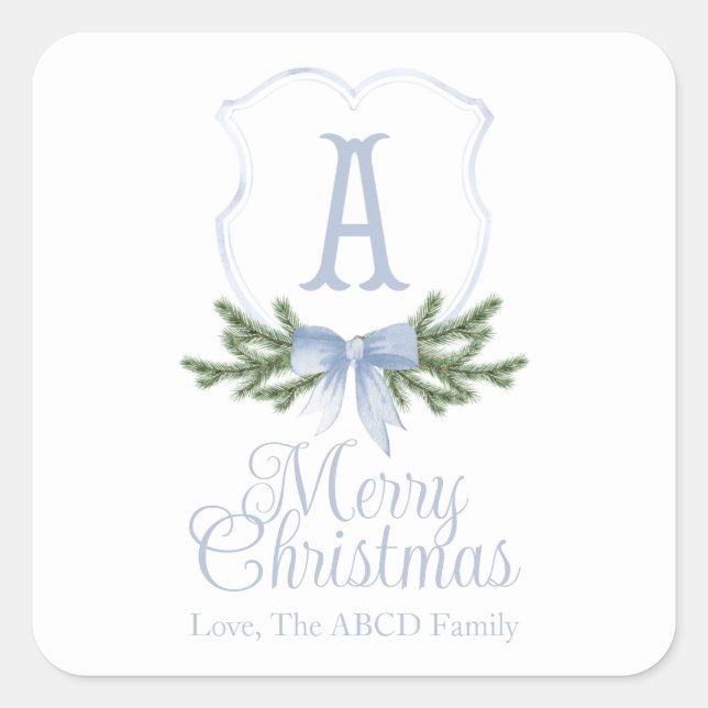 Sticker Carré Balise Bouton Bleu Bow Joyeux Noël Crest - A (Devant)