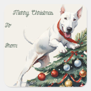 Sticker Carré Balise cadeau Bull Terrier et Arbre de Noël