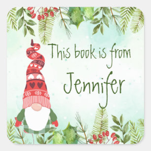 Sticker Carré Balise cadeau de Noël Botanical Holly Gnome Bookpl