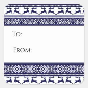 Sticker Carré Balise cadeau de Noël, Folk Scandinave Bleu & Bla
