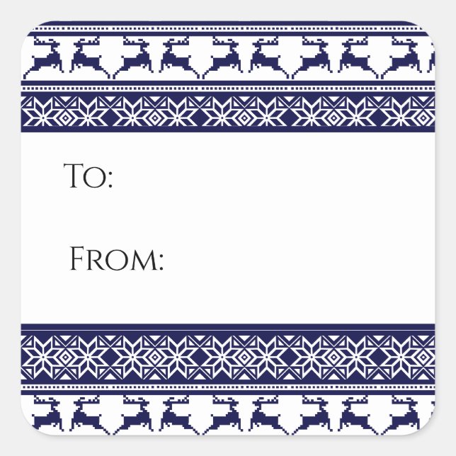 Sticker Carré Balise cadeau de Noël, Folk Scandinave Bleu & Blan (Devant)