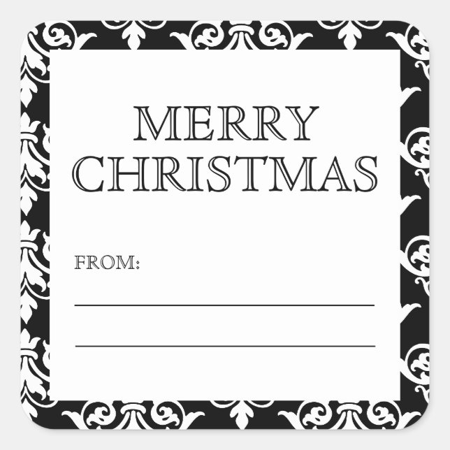 Sticker Carré Balise cadeau de Noël noir blanc Damask (Devant)