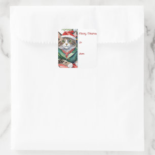 Sticker Carré Balise cadeau de Noël Tabby Cat Meowy