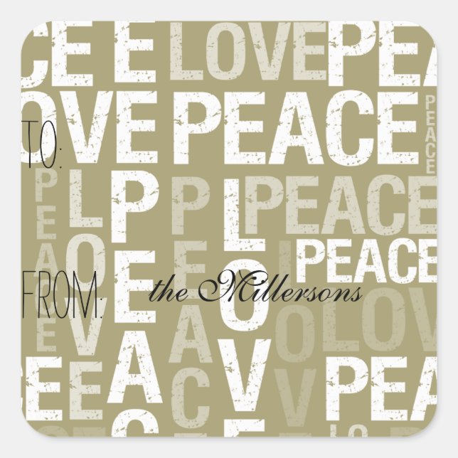 Sticker Carré Balise cadeau Gold Love Peace (Devant)