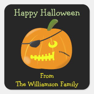 Sticker Carré Balise Cadeau Halloween Pirate Citrouille Mignonne