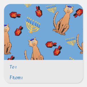 Sticker Carré Balise cadeau Hanukkah Chat Dreidel Blue