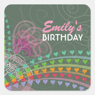 Sticker Carré Balise cadeau Whimsical Rainbow Hearts Pink Swirls