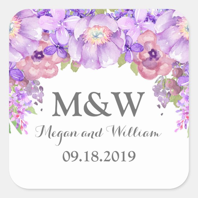 Sticker Carré Balise de Mariage de monogramme de fleurs violette (Devant)