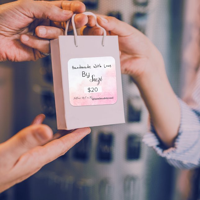 Sticker Carré Balise de prix de l'aquarelle rose simple faite à  (Créateur téléchargé)