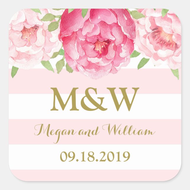 Sticker Carré Balise Fleur rose rayé Monogramme de mariage Faveu (Devant)