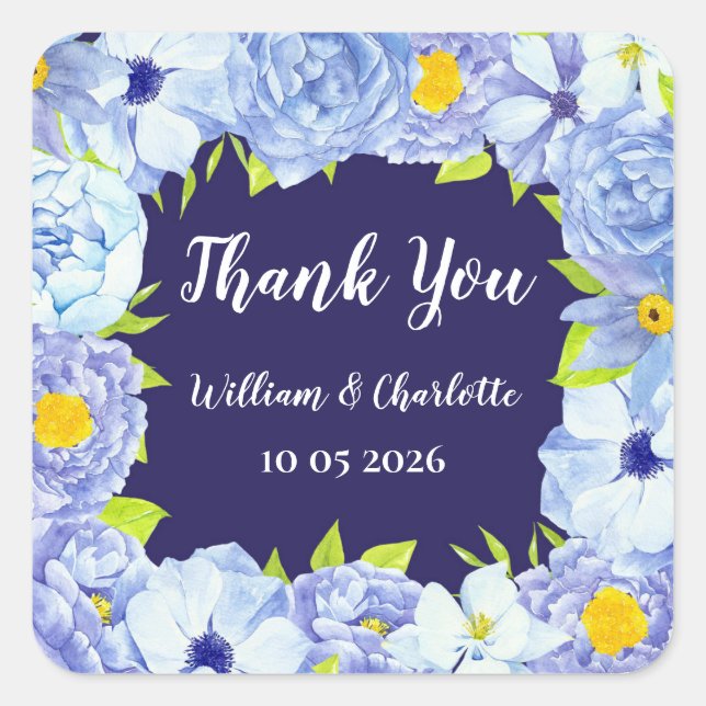 Sticker Carré Balise Fleurs Bleues Merci Mariage Favor (Devant)