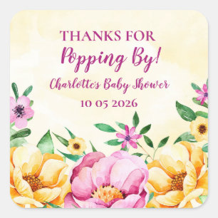 Sticker Carré Balise Fleurs Merci pour Popping By Baby shower