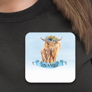 Sticker Carré Balise Nom du Baby shower de veau de vache Blue Hi