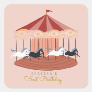 Sticker Carré Balises cadeaux d'anniversaire du carrousel rose