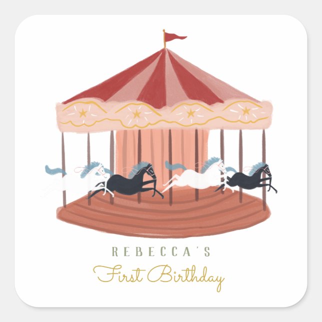 Sticker Carré Balises cadeaux d'anniversaire du carrousel rose (Devant)