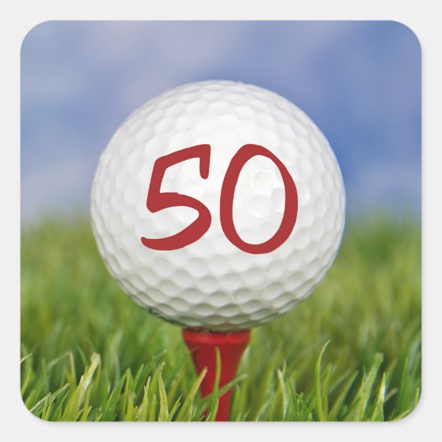 Sticker Carré balle de golf sur tee rouge 50e anniversaire (Devant)